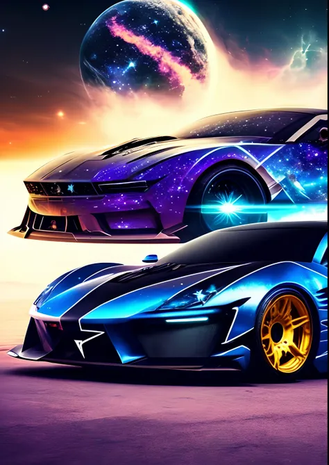 dreamlikeart, galaxy, outer space, nebula, star, [cyberpunked] Sports cars from the stars. (star:1.5),