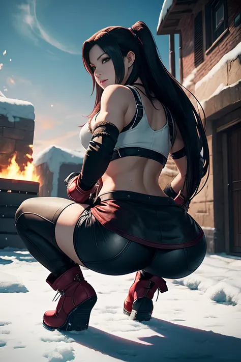 ❄️🔥❤️‍🔥😏 Tifa lockhart, Final fantasy, The perspective of the image should be from above and from behind, as she performs a "slav squat" pose