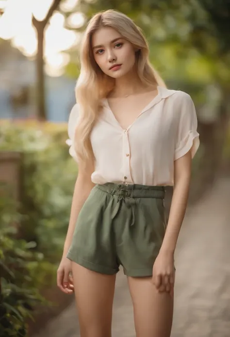 Blonde Shortcuts、18-year-old girl、Looking here、Innocent face、Sheer shirt、short pants、A slender、Beautiful breasts、The background is everyday life