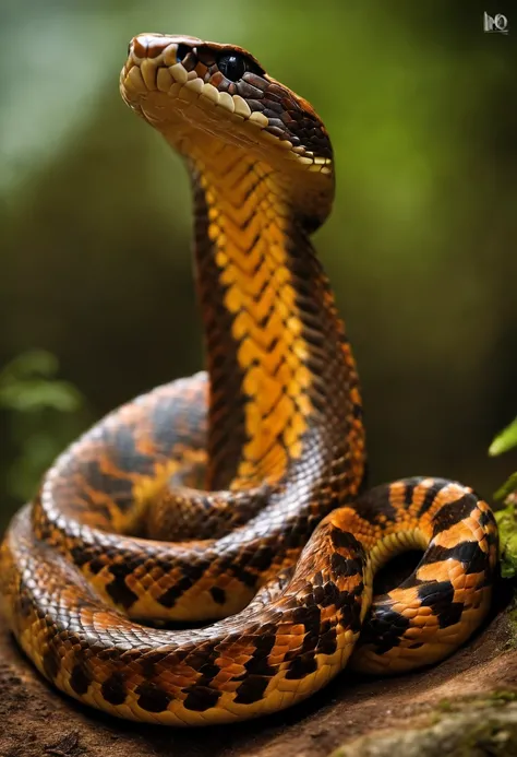 a large snake with orange brown coloration, saindo do casco de tartaruga |  The serpents head rises to a certain distance and faces the surface of the hull keeping a distance from it