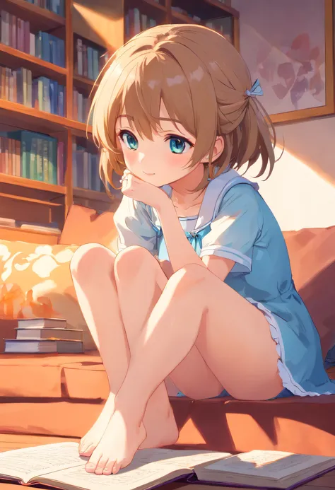 Cute loli，Barefoot，Tummy down，head looking up，Raise your feet，shift dresses，white  panties，largeeyes，Anime cute face，looking at book，Wet da