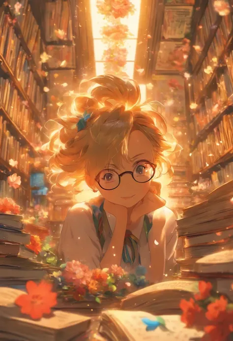 Quality first,masterpiece in detail,A middle-aged woman wears glasses,sportrait,closeup cleavage,Several students wrote,looking at book,in class room,fresh flowers,Rich in color