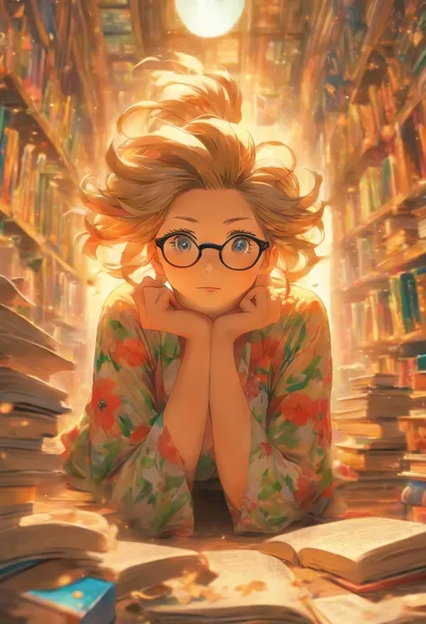 Quality first,masterpiece in detail,A middle-aged woman wears glasses,sportrait,closeup cleavage,Several students wrote,looking at book,in class room,fresh flowers,Rich in color