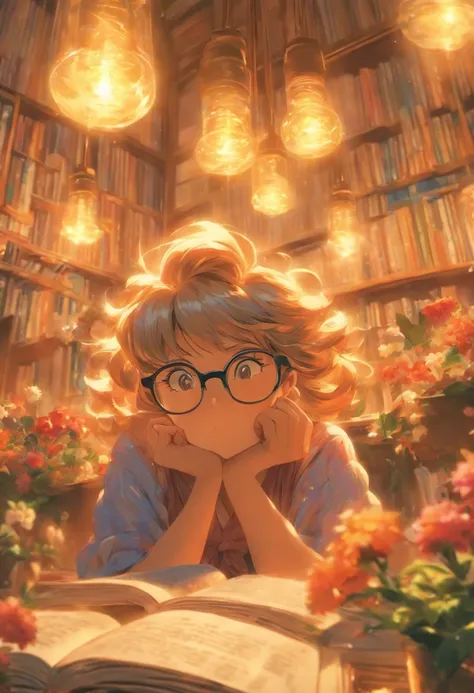 Quality first,masterpiece in detail,Middle-aged woman wearing glasses,sportrait,closeup cleavage,Several cute kids reading a book,in class room,fresh flowers,Rich in color