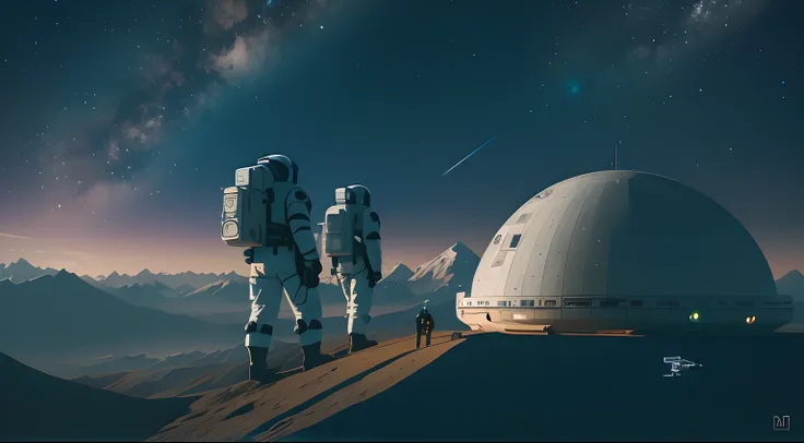 Astronauts walking on a mountain with a space station in the background, sci fi artwork, sci fi artwork, sci-fi illustration, sci - fi illustration, sci-fi digital art illustration, Astronautas y colonias espaciales, sci-fi concept art, Escena Sci - Fi, be...