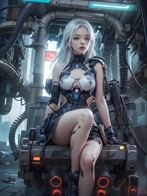 nsfw, 1girl, nude, android, cyberpunk, mechanics, (masterpiece: 1.4), (8K, realistic, raw photo, best quality: 1.4), naked, sitting on machine, legs open, nipple areola shape clear, beautiful breasts, Japanese girl, beautiful cute face, (real face: 1.4), p...