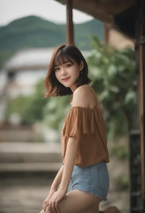 Brown hair、Disheveled hair with short cuts、japanes、18-year-old girl、Looking here、Kamimei、Sheer shirt、short pants、A slender、Beautiful breasts、The background is everyday life、date