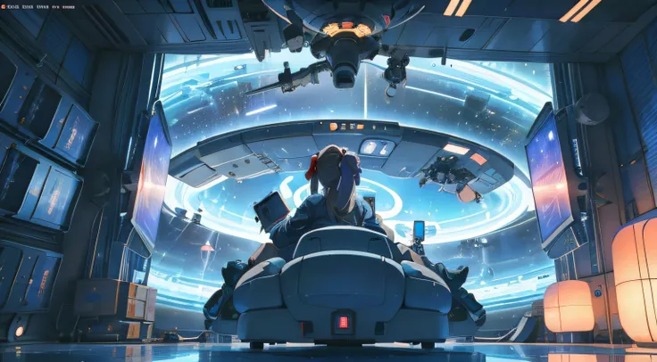 a woman watching TV on the space station, anime style, girl in space, on the space station, anime style, sitting in a spaceship, astronauts relaxing in space, anime style, Outside the window is earth, inside the TV futuristic space battle, anime style, spa...