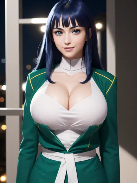 (Night:1.7), Japan, Tokyo, CityView, Before Window,
Standing at attention,
Green_outfit, Green_jacket,white shirt ,pants,long sleeves, pantyhose,
military,military uniform,
long hair,blunt bangs,,blue hair,blue eyes,evil smile,
1 girl, 24yo,mature female,B...