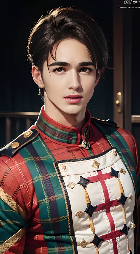 (((Men only))), ((head shot)), ((Pietro Boselli)), (((Dressed in yellow traditional Scottish national costume, quilt.))), ((wearing  tartan checked clothing)),  ((Handsome muscular male man in his 20s)), (Big smile), (detaile: 1 in 1), Natural muscles, HIG...