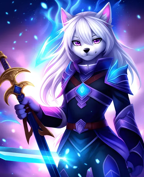 colorful, domestic dog, white hair, purple eyes, holding sword, blue flames, glow, glowing weapon, light particles