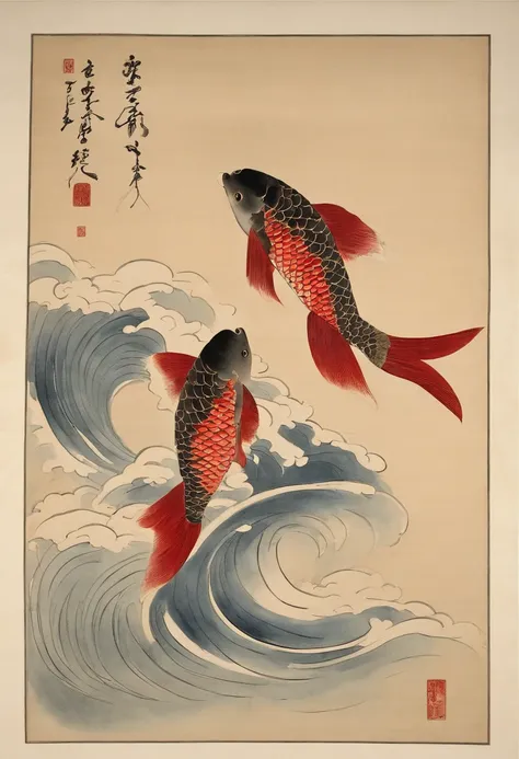 Best Quality, Kitagawa Utamaros style, ukiyoe painting, Dancing Woman, (Floating carp), Flying carp