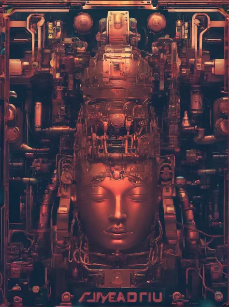 Super giant mechanical Buddha statue，Adoring crowds，In steampunk style，super-fine，8K，Works of masters，Meticulous mechanical depiction，OC renderer，