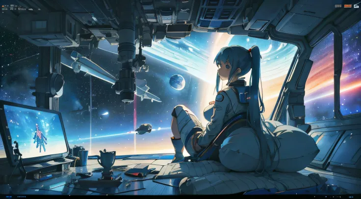 a woman watching TV on the space station, anime style, girl in space, on the space station, anime style, sitting in a spaceship, astronauts relaxing in space, anime style, Outside the window is earth, inside the TV futuristic space battle, anime style, spa...