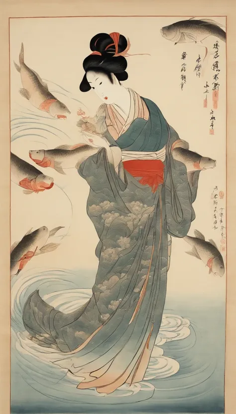 Best Quality, Kitagawa Utamaros style, ukiyoe painting, Dancing Woman, (Floating carp), Flying carp