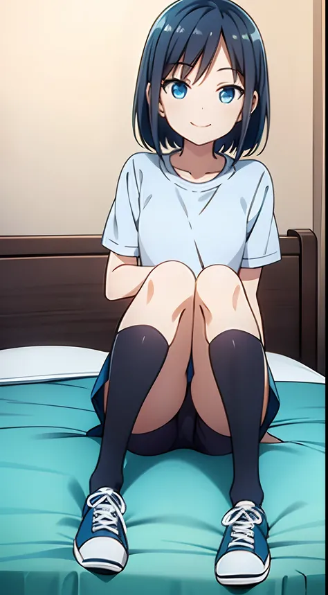 Smiling boyish girl in blue sneakers on bed Skirt spats