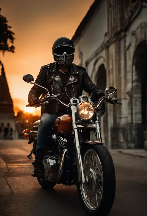 Skeleton Motorcyclist Rides a Motorcycle Until Sunset.
Por Aliaksei