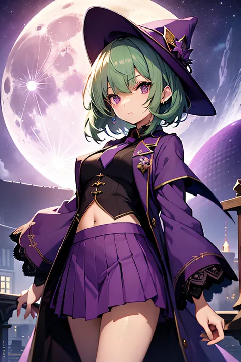 top-quality、extremely delicate and beautiful、(A teenage girl)、Purple Eye、Green hair、short-haired、(Purple pointy hat)、Purple tie、Soio、shortsleeves、Purple skirt、Purple Wizard Robe、Navel、is standing、Full moon night on background