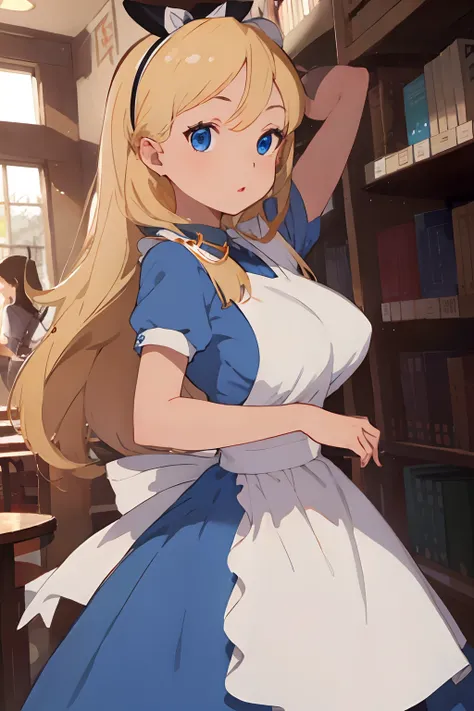 (​masterpiece、top-quality;1.3)、ighly detailed、1girl in、atlibrary、Black Hair Band、Blonde long hair、big breast beauty、Show、a blue dress、White apron