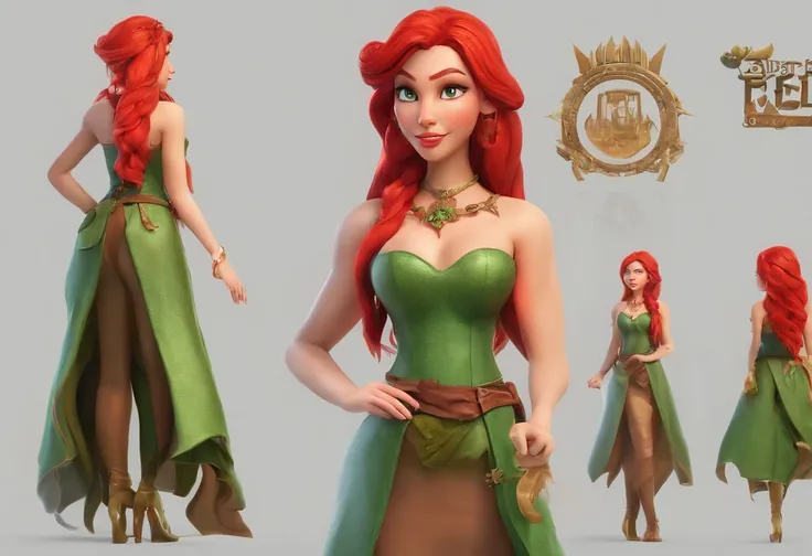 Character design sheet of a woman with red hair wearing a green dress, fantasy book cover, young adult fantasy novel cover, fantasy portrait, detailed fantasy digital art, beautiful fantasy portrait, beautiful fantasy art, realistic fantasy illustration, r...