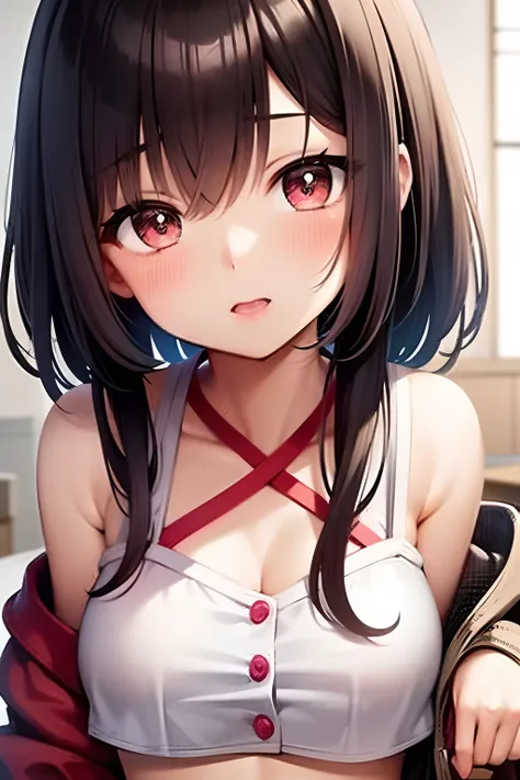 there is a young girl with a colorful crop top and a red and white striped crop top, picture of a japanese teen, soft shot 8 k, girl cute-fine-face, beautiful japanese girls face, close up of a young anime girl, portrait cute-fine-face, portrait of a japan...