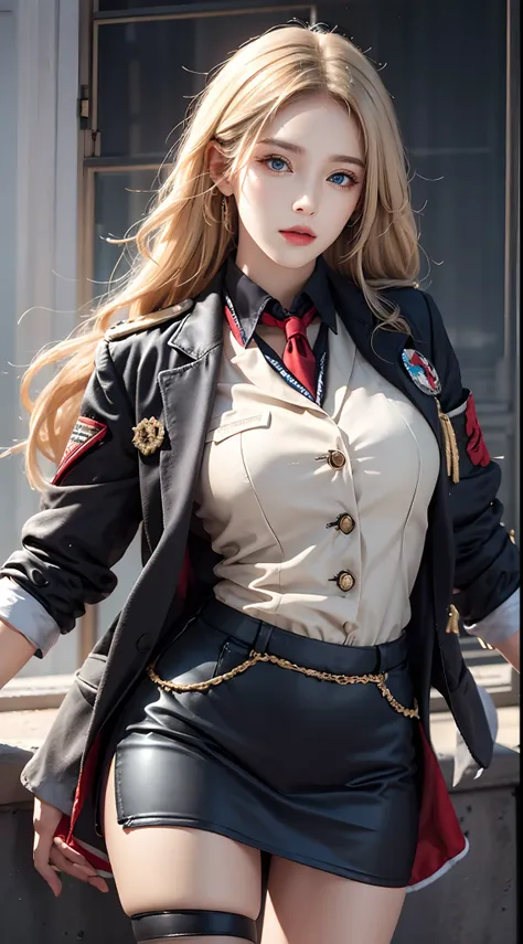 photorealistic, high resolution, soft lights, 1women, solo, hips up, blue eyes, blonde hair, long hair, military uniform, jacket, shirt, skirt