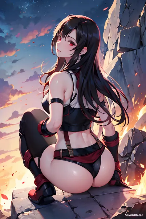 ❄️🔥❤️‍🔥😏 Tifa lockhart, Final fantasy, The perspective of the image must be from above and from behind, mientras realiza un "sentadilla eslava" pose