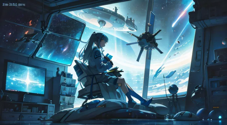 a woman watching TV on the space station, anime style, girl in space, on the space station, anime style, sitting in a spaceship, astronauts relaxing in space, anime style, Outside the window is earth, inside the TV futuristic space battle, anime style, spa...