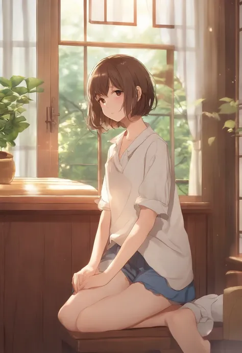 Brown hair、Disheveled hair with short cuts、japanes、Ano-chan Style、12-year-old girl、Looking here、Kamimei、Thin shirt、Shorts、A slender、爆乳、Background in everyday room、date