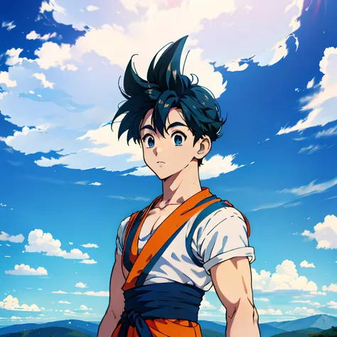 Goku Chibi, 1boys, Male focus, Super Saya people, Goku costume, Solo, sky, Cloud, day, Blue sky, Libido boy, En plein air, Upper body, overcast sky