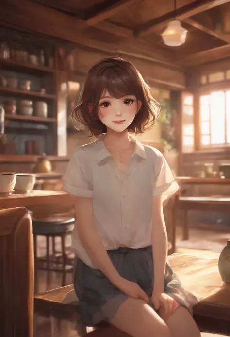 Brown hair、Disheveled hair with short cuts、japanes、Ear-chan Style、12-year-old girl、Looking here、Kamimei、Thin shirt、Shorts、A slender、爆乳、Everyday room background、realisitic、