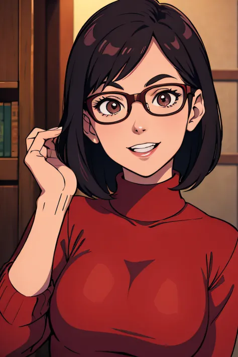 velma dinkley, smiling, nerd, geek, turtleneck sweater, librarian, brown eyes