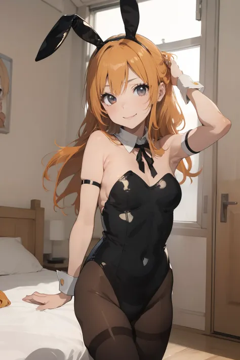 (​masterpiece、top-quality、top-quality、Beautifully Aesthetic:1.2)、ighly detailed、highestdetailed、grey  eyes、orange color hair|Semi-long blonde hair、((bunnygirl))、(pantyhose)、Matsumoto Rangiku、graffiti art、Look at the viewer、A smile、Bedroom、on the beds、(Bunn...