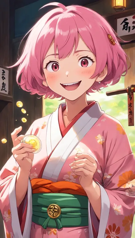 Old woman,pink hair,aunt look,front view,holding condom, laughing, kimono, open kimono, flashing viewer