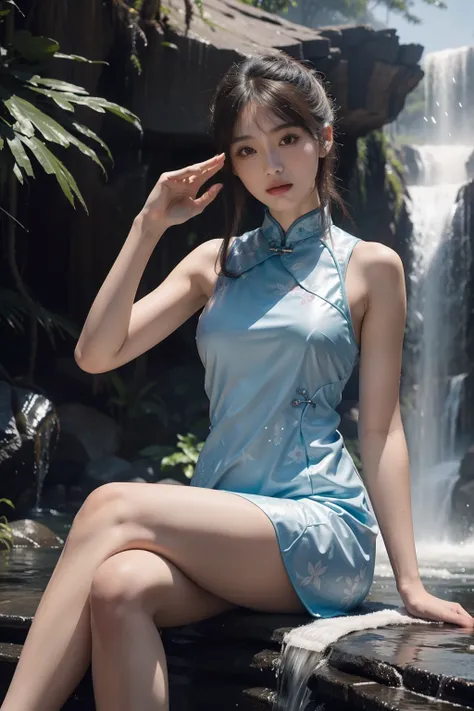 (full bodyesbian:1.5)，(1girll:1.3),(view the viewer:1.4)，(anatomy correct:1.4),(Sit in the waterfall:1.2),(Wear a cheongsam:1.2),(Accurate and perfect face:1.3),(Long legs:1.3),hyper HD, Ray traching, reflective light， structurally correct, Award-Awarded, ...