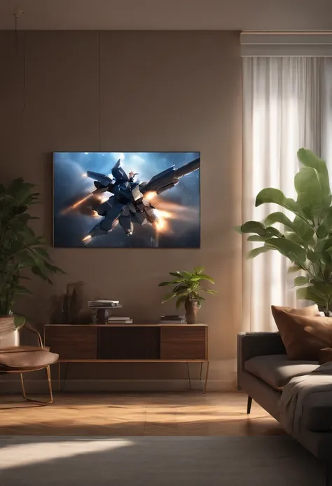 Living room，Soft lighting，A plant，k hd，freshen，Gundam battle hanging art，brightly，spacious，Noble，Bright