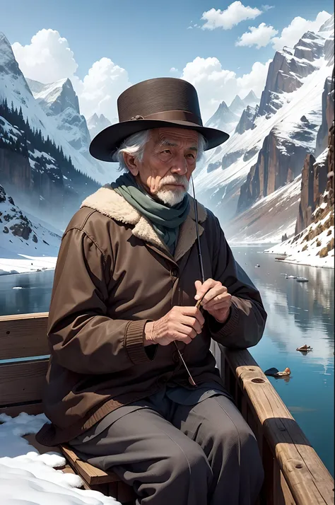 All the mountains, the shadow of the birds have disappeared, all the roads are no trace of people. On the river boat, an old man wearing a demoiselle hat, fishing alone in the wind and snow.