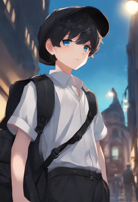 1boy, schoolboy uniform, short black hair, glowing blue eyes, city, carry a black bag, black denim long