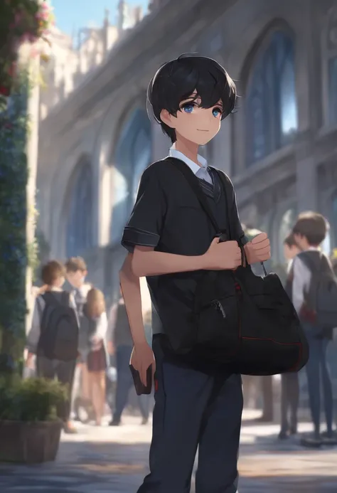 1boy, schoolboy uniform, short black hair, glowing blue eyes, city, carry a black bag, black denim long