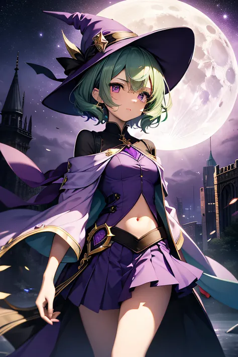 top-quality、extremely delicate and beautiful、(A teenage girl)、Purple Eye、Green hair、short-haired、(Purple pointy hat)、Purple tie、Soio、shortsleeves、Purple skirt、Purple Wizard Robe、Navel、is standing、Full moon night on background