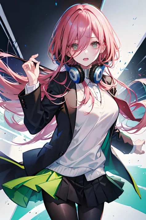 black jacket,blazer,blazer in white line,green skirt,white shirts,aqua sweater,black tights , headphones around neck, pinkbrown hair,long hair, hair over right eye, Jig eyes,big bast,Top image quality,Masterpiece,Best Quality