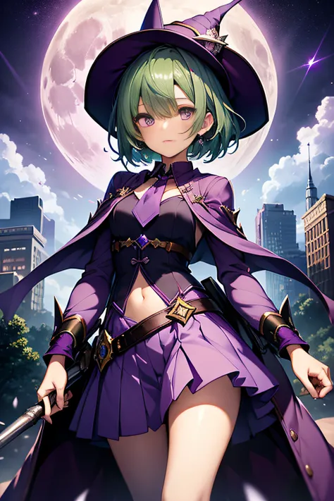 top-quality、extremely delicate and beautiful、(A teenage girl)、Purple Eye、Green hair、short-haired、(Purple pointy hat)、Purple tie、Soio、shortsleeves、Purple skirt、Purple Wizard Robe、Navel、is standing、Full moon night on background