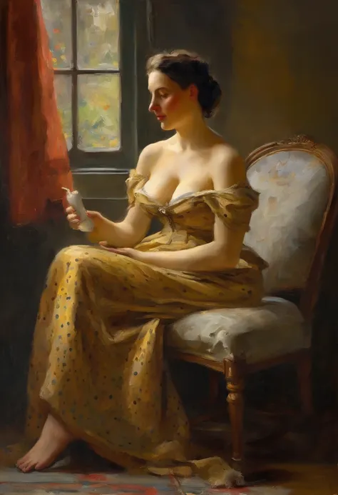 A painting of a woman with Gigantic saggy breasts, Milk breasts, for milking, Huge nipples,  sitting by open window witha bird purched on the ledge, clay interior walls, her eyes closed, perfect arms and hands, elegant in nature, beautiful backlighting on ...