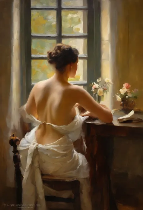 A painting of a woman with Gigantic saggy breasts, Milk breasts, for milking, Huge nipples,  sitting by open window witha bird purched on the ledge, clay interior walls, her eyes closed, perfect arms and hands, elegant in nature, beautiful backlighting on ...