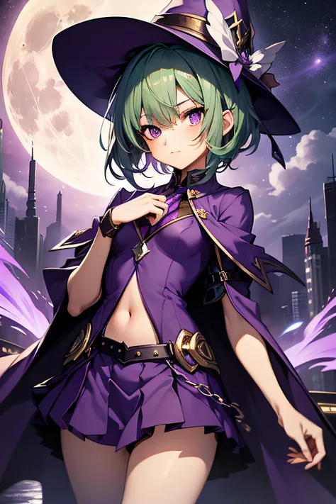 top-quality、extremely delicate and beautiful、(A teenage girl)、Purple Eye、Green hair、short-haired、(Purple pointy hat)、Purple tie、Soio、shortsleeves、Purple skirt、Purple Wizard Robe、Navel、is standing、Full moon night on background