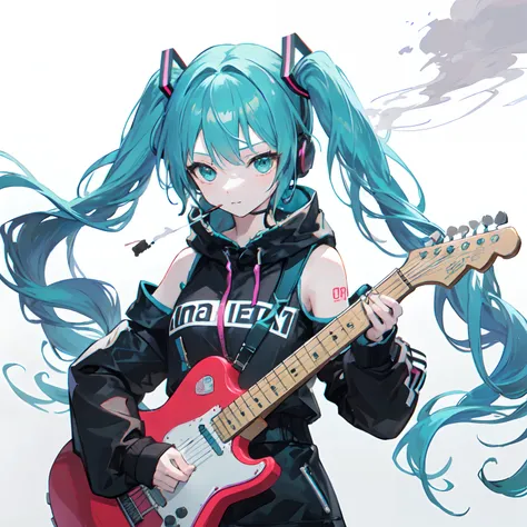 from adobe,miku hatsune,plays the guitar,Solo,(Dreadlocks:1.4),Drill Hair,afro,Ponytail,two side up,hime-cut,Twin-tailed,braid,(Hair bun:0.7),(wavy multicolor hair:1.2),(Smoke everywhere:1.4),Piercing,headset on head,Cold eyes,