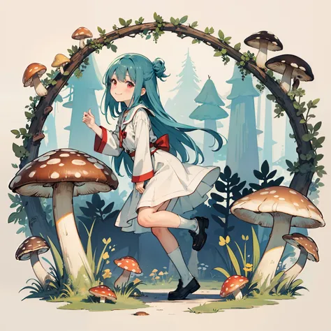 1girll, Long aqua green hair, Red eyes, dress, (Solo:1.3),Simple drawing, Mushrooms and girls, Cute, Big smile, Mushrooms + Mushrooms + Mushrooms + Mushrooms + Mushrooms,Red mushrooms，Cyan mushrooms，White mushrooms, Mushrooms grow on the body，From the side...