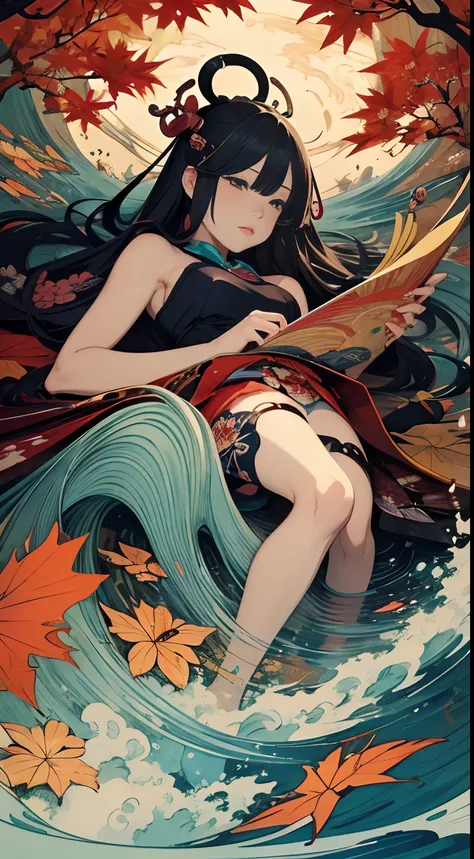 Ukiyo-e style, James Jean, Masamune Shirow, Japanese anime, mysterious strange bizarre sci-fi fantasy fantasy, sleeping beautiful girl, rising and falling tides,  rotation of the earth, slinky, autumn, hyperdetailed high resolution high definition high qua...