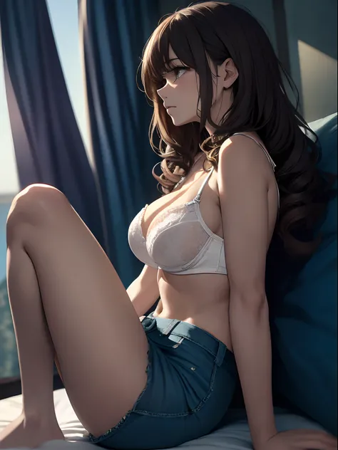 modest brown hair、Loose curly hair、boredom、poneyTail、Woman in her 30s、35 year old、OL、adult lady、Slender body、white tee、Beautiful legs、Bedrooms、cleavage of the breast、Footboard beauty、Opening legs、Beautiful legs、lying back on、sleep、Well-proportioned body、(A...