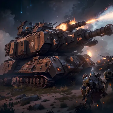 (The main subject: Wide-angle lens),（Warhammer 40K universe),(Intricate details),(((A huge combat vehicle on the battlefield))),(Wide sky), (sense of vastness),(Energy and vitality), (immersive experience), (Awe-inspiring), A masterpiece of digital art, (B...